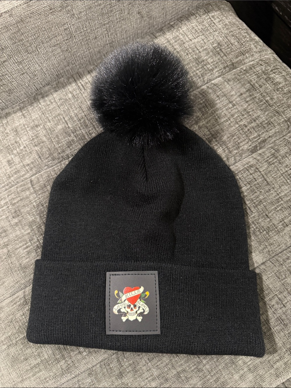 Ed Hardy Black Knit Pom Beanie with Skull Patch